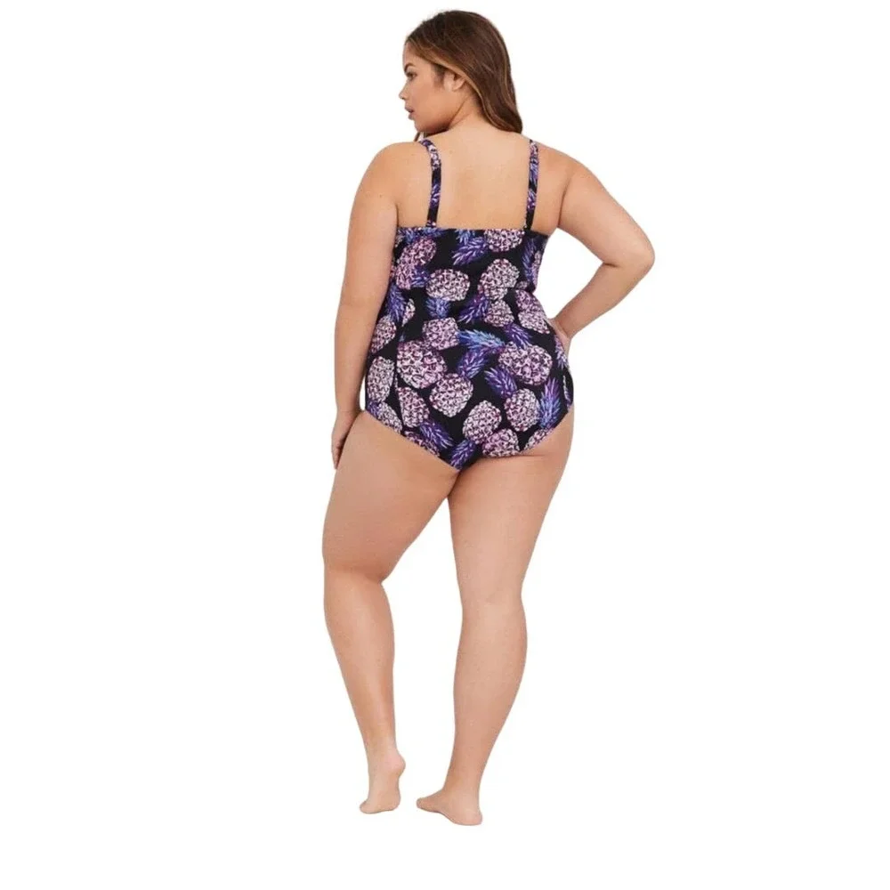 torrid Black One-Piece Swim with Purple Pineapple Print